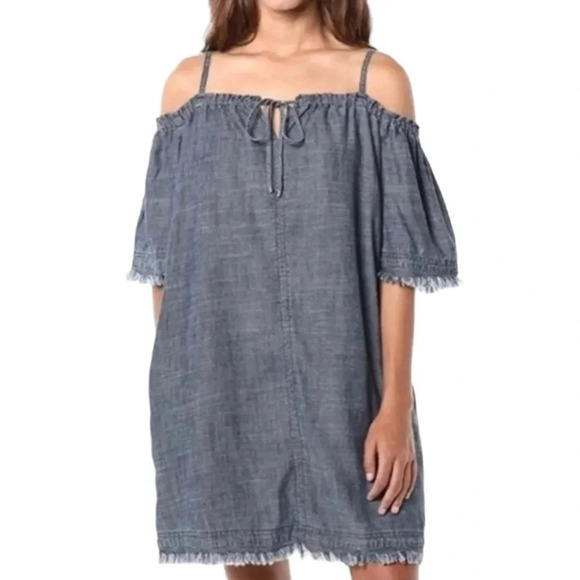 Trina Turk Shift Dress Linen Blue Chambray Off Shoulder Short Sleeve Fringe - Picture 2 of 9